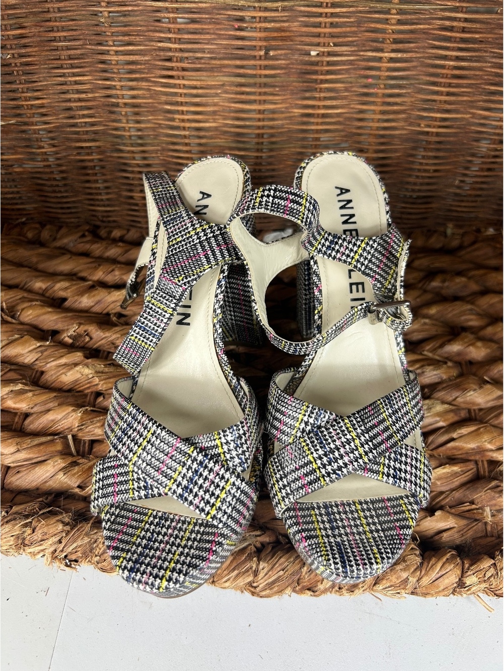 Anne Klein plaid ankle strap heeled sandals